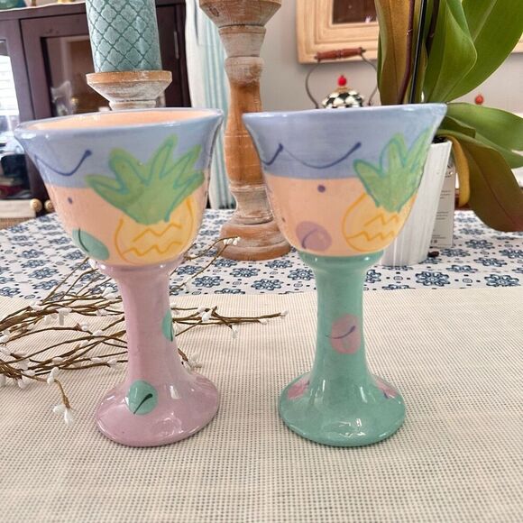 Susan Painter Pottery 2 Pc Handmade Wine Goblets Signed Handpainted “Beachware” - Picture 4 of 10